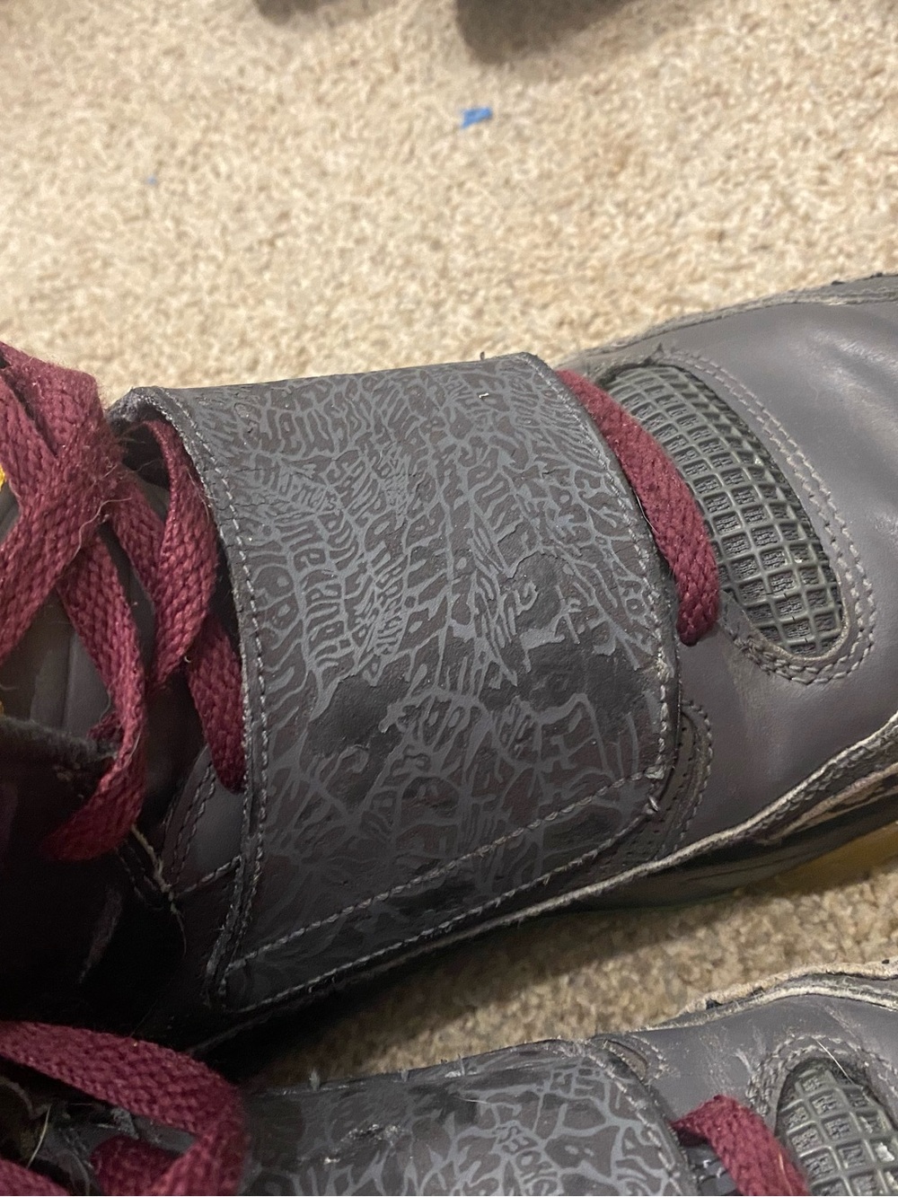 Jordan 2012’s Burgundy and Gray High-Top Sneakers with yellow and teal Accents. - Picture 6 of 11